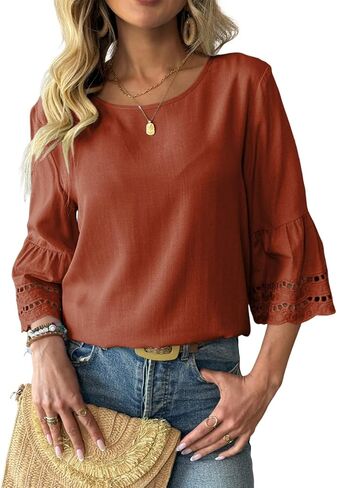 Dokotoo المرأة 3/4 كم الجرس الجوف خارج الكشكشة القمصان Crewneck العصرية عارضة فضفاضة تناسب بلوزة قمم in Saudi Arabia