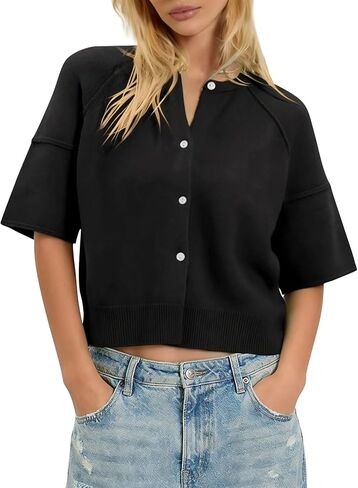 Women's Short Sleeved Cardigan Sweater Round Neck Buttons Short Knit Top Cut Casual Ribbed Hem Pullover in Saudi Arabia