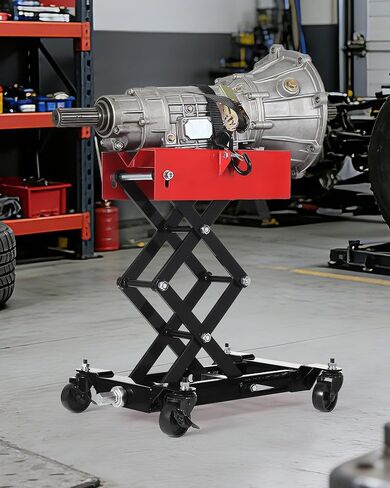 450 LBS Transmission Jack, Heavy-Duty Auto Repair Auto Repair Lifting Jack, Adjustable Low Profile Transmission Jack with Safety Straps & 4 Swivel Wheels, Red in Saudi Arabia