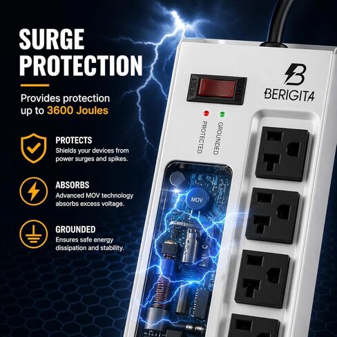 BERIGTTA قابس مسطح بزاوية 16 منفذ تيار متردد برج قطاع الطاقة مع منفذ USB C (PD18W)، برج طاقة واقي من زيادة التيار مع 5 منافذ شحن USB، سلك تمديد بطول 10 أقدام شريط طاقة لسطح المكتب - أبيض in Kuwait