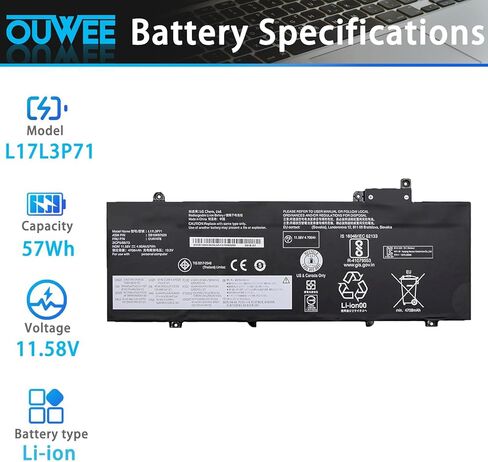 بطارية كمبيوتر محمول OUWEE L17L3P71 متوافقة مع Lenovo ThinkPad T480S Series Notebook L17M3P71 01AV478 SB10K97620 01AV479 SB10K97621 L17M3P72 01AV480 SB10K97622 11.58V 57Wh 4920mAh in Kuwait