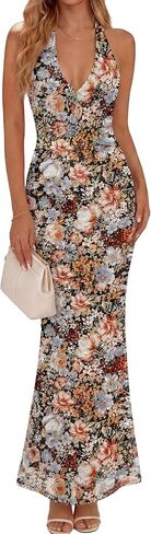 فساتين Prinbara النسائية ذات الرقبة الرسن Bodycon ماكسي الصيف الأزهار شبكة رسمية أنيقة الزفاف ضيوف حفل كوكتيل فستان طويل in Kuwait