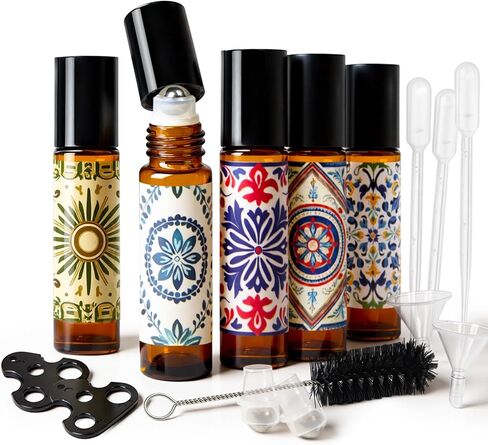 Roller Bottles for Essential Oils Roll On Bottles 8 Pack, 10ml Oil Roller Bottle Amber Thick Glass Empty with Oil Perfume Lip Gloss DIY Kits Boho Stickers Leak-Proof Refillable for Travel, Gift in Saudi Arabia