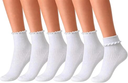 Winterlace 6-Pair Cotton Ruffle Frilly Crew Socks Womens Turn Cuff Fashion Cute in Saudi Arabia