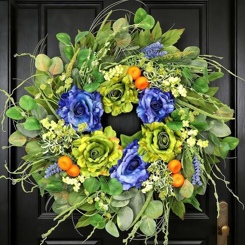 24 Inch Spring Summer Wreath for Front Door - Artificial Blue & Green Rose Wreath with Orange Berries & Eucalyptus, Rustic Farmhouse Indoor Outdoor Seasonal Wreath for Year Round Home Decor in Saudi Arabia
