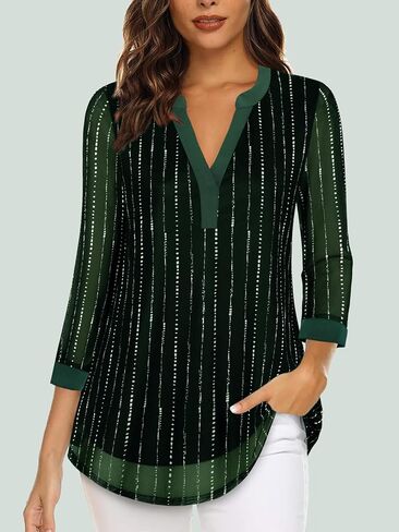 Women's 3/4 Sleeve Blouses Casual V Neck Dress Shirts Double Layers Mesh Tunics Tops S-XXL in Saudi Arabia