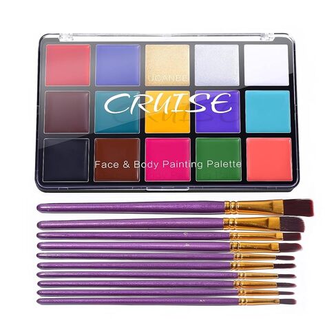 UCANBE Face Body Paint Oil Palette + 10 Pcs Brushes Set, Professional 15 Colors Face Painting Makeup Kit for Halloween Cosplay SFX Parties Theater Stage Artist Costume Festival in Kuwait