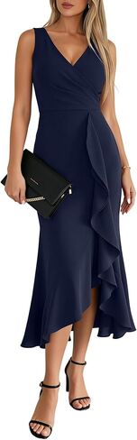 OWIN Women Sexy V Neck Sleeveless Faux Wrap Ruched Bodycon Maxi Ruffle Hem Cocktail Party Wedding Guest Dress in Saudi Arabia