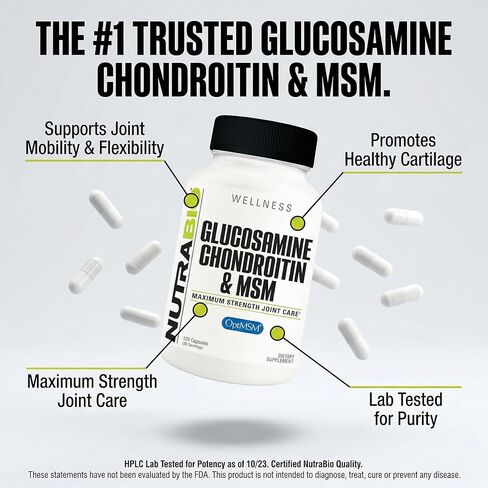 NutraBio Glucosamine Chondroitin & OptiMSM Supplement, Joint Support Formula - 120 Capsules (120 Count) in Saudi Arabia