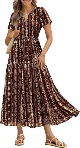 YESNO Women's Casual Floral Maxi Dresses Summer Split V Neck Short Sleeve Boho Beach Swing Dress with Pockets ETH in Saudi Arabia
