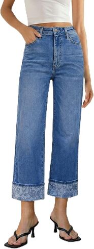 GRAPENT Wide Leg Jeans for Women Trendy Cropped High Waisted Printed Fold Hem Loose Straight Leg Stretchy Denim Pants in Saudi Arabia