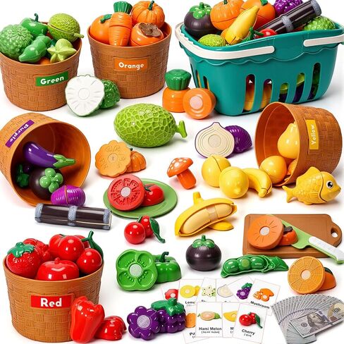 Funpynani Color Sorting Play Food Set - 70 Pieces, 3+ Ages Cutting Pretend Food Play Toys for Toddlers, Boys and Girls, Play Kitchen Accessories for Kids in Saudi Arabia