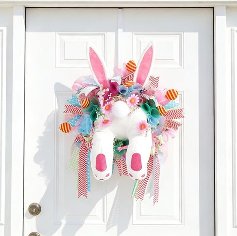 Easter Bunny Wreath, Spring Door Decoration Kit, Colorful Ribbon and Floral Design, 18 x 15.8 Inches, Indoor Outdoor Welcome Sign in Saudi Arabia