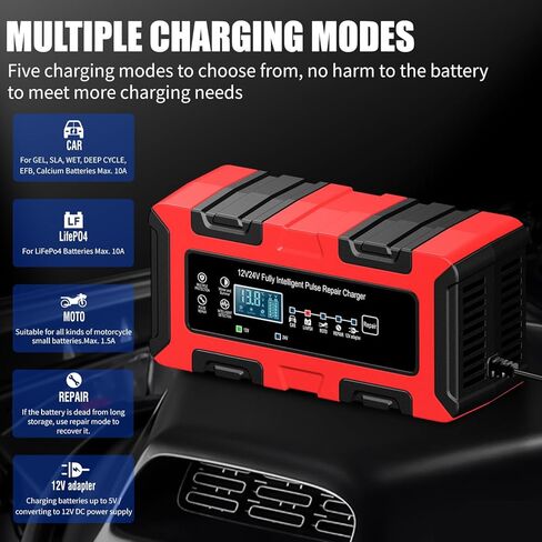شاحن بطارية 12V 24V للسيارة ، 0-15A ، مشرف بطارية أوتوماتيكية ، شاحن ذكي ، إصلاح ، وضع الشتاء ، لشاحنة السيارات للسيارة ، رف العشب ، حمض القوارب ، AGM ، LifePo4 بطاريات in Saudi Arabia