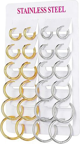 Stainless Steel 12 Pairs 14K Gold and Silver Plated Huggie Hoop Earrings for Women Lightweight Minimalist Small Hoops Hypoallergenic Nickel-free Lead-free Everyday Jewelry for Sensitive Ears Multiple Piercing Stack Set in Saudi Arabia