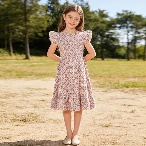 Girls Spring and Summer Floral Print Dress Kids Mid-Length Flutter Sleeves Dress Birthday Party Holiday Cloths for Girls in Saudi Arabia