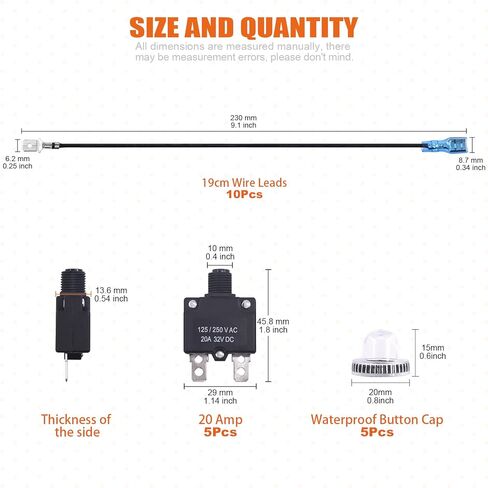 5 Sets Push Button Reset Thermal Circuit Breaker 125/250V AC 32V DC with Quick Connect Terminals Wire Leads and Waterproof Button Caps for Automotive Marine(30 Amp) in Saudi Arabia