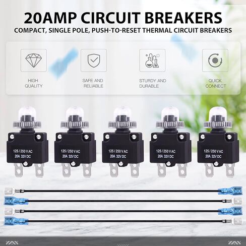5 Sets Push Button Reset Thermal Circuit Breaker 125/250V AC 32V DC with Quick Connect Terminals Wire Leads and Waterproof Button Caps for Automotive Marine(30 Amp) in Saudi Arabia