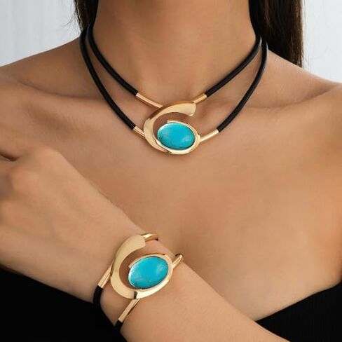 2 PCS Women's Turquoise Jewelry Set with Bohemian Double Necklace,Chunky Vintage Pendant,and Adjustable Bracelet in Saudi Arabia