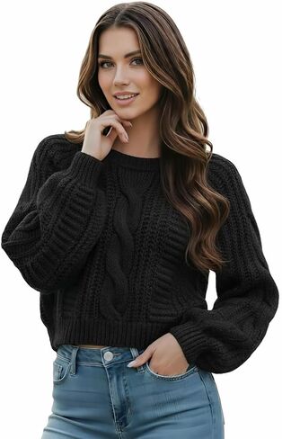 Women's Cropped Cable Knit Sweater, Soft and Warm Long Sleeve Pullover, Casual Knit Top for Fall Winter in Saudi Arabia