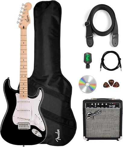Fender Squier Stratocaster - حزمة سوداء مع مضخم صوت Frontman 10G، وحقيبة الحفلة، وكابل الآلة، والموالف، والحزام، واللقطات، ودروس Fender Play عبر الإنترنت، وكتاب تعليمي، وأقراص DVD تعليمية in Kuwait
