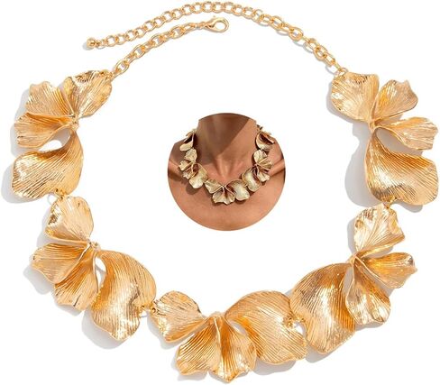 Chunky Flower Statement Necklace for Women Large Gold Floral Choker Necklaces Irregular Geometric Petal Necklace Trendy Party Jewelry Accessories in Saudi Arabia