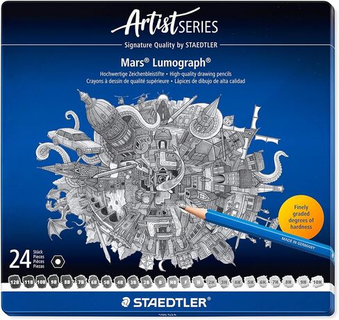 مجموعة أقلام رصاص للفنانين من STAEDTLER Mars Lumograph Graphite، 12 درجة (8B، 7B، 6B، 5B، 4B، 3B، 2B، B، HB، F، H، 2H)، ممحاة بلاستيكية مارس، 61 100 P in Kuwait
