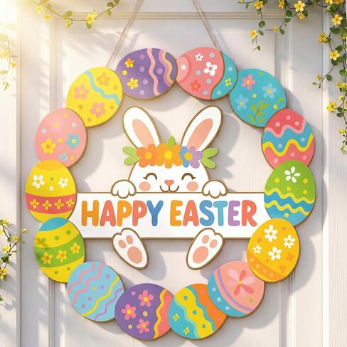 Amyhill Easter Wreaths for Front Door Outdoor 3D Wooden Happy Bunny Easter Eggs Flowers Hanging Decorations Spring Farmhouse Porch Wall Sign for Porch Wall Room Pink Green Spring Decor(Flower) in Saudi Arabia