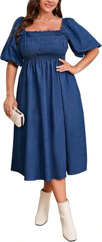 Summer Plus Size Denim Dress L-4XL, Reversible Off Shoulder Short Sleeve with Pockets, Jean Dresses for Curvy Women in Saudi Arabia