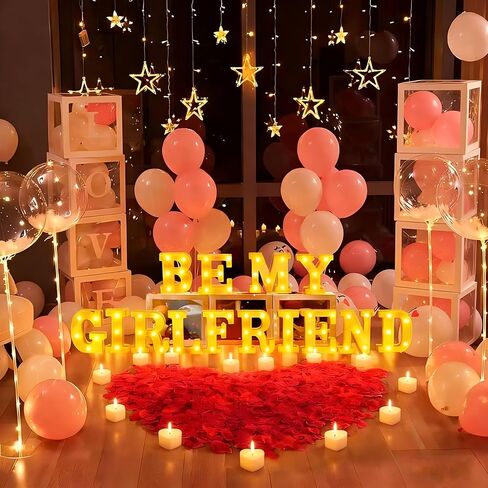 مجموعة ديكورات حروف مضيئة من Quieres Ser Mi Novia - 17 حرفًا ضوئيًا LED و24 شمعة صغيرة LED و1000 بتلة ورد in Saudi Arabia