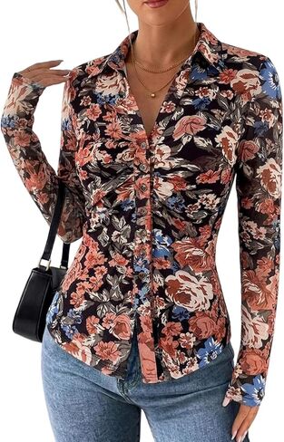 CHICME Sheer Mesh Button Down Shirt for Women Floral Print Tops Long Sleeve Shirts Slim Fit Ruched Boho Y2K Blouse in Saudi Arabia