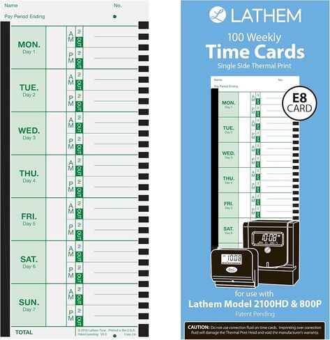 Lathem Weekly Thermal Print Time Cards, Single Sided, for Lathem 800P Time Clock, 9 Inch, 100 Pack (E8-100) - 1 in Kuwait