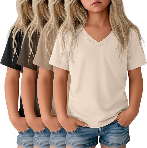 4 Pack Girls V Neck T-Shirts Kids Summer Short Sleeve Loose Fit Tops 5-14 Years Cute Fashion Basic Casual Tees in Saudi Arabia