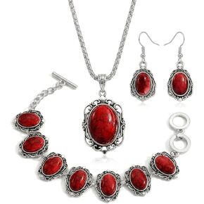 Red Western Jewelry Set for Women, Vintage Silver Tone Oval Synthetic Stone Necklace Bracelet Dangle Earrings, Boho Southwestern Costume Accessories Gifts in Kuwait