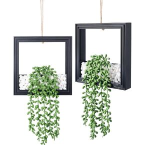 2 Pack Hanging Artificial Succulents Plants String of Tears - 7.8x7.8in Square Wooden Frame Vase with Stones & 2 LED Fairy Lights (On/Off Switch), Farmhouse Decor for Indoor Outdoor Wall（Burnt Wood） in Saudi Arabia