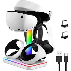 حامل شحن لجهاز PlayStation VR2، محطة شحن لجهاز PSVR 2 مع حامل عرض سماعة الرأس VR، قاعدة شحن وحدة التحكم لجهاز PS5 VR2 مع مؤشر شحن LED، 7 أوضاع إضاءة، كابل من النوع C in Kuwait