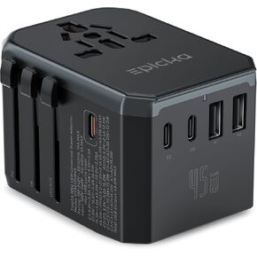EPICKA محول السفر العالمي GaN 45W، محول قابس السفر الأوروبي مع شحن سريع PD&QC (2 منافذ USB-A و3 منافذ USB-C) - أساسيات السفر في جميع أنحاء العالم، محول الطاقة الدولي للمملكة المتحدة/الولايات المتحدة/الاتحاد الأفريقي (أسود) in Kuwait