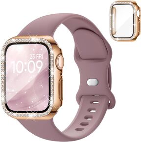 Silicone Band and Case Compatible with Apple Watch Bands for Women | 40mm 44mm 41mm 45mm 42mm 46mm Sport Strap with Bling Diamond Screen Protector Cover for iWatch Series 11/SE3/10/9/8/7/6/5/4 in Saudi Arabia
