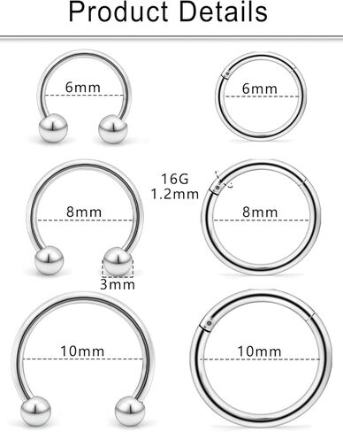 Cisyozi 16G حلقات الحاجز الأنف حلقات الأطواق الجراحية الصلب حدوة الحصان الحاجز الشفاه الحاجب الزنمة الغضروف الحلزون روك Daith أقراط هوب ثقب المجوهرات للنساء الرجال الشظية الذهب الأسود 8 مم 10 مم 12 مم in Saudi Arabia