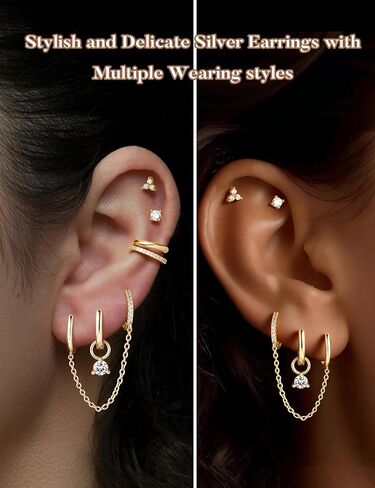 M MOOHAM 7 Pairs Gold Hoop Stud Earrings Set for Women,14K Gold Plated Double Piercing Dangle Chain Huggie Hoop Earrings Hypoallergenic Flat Back Stud Earring Ear Cuff Cartilage Earring for Gifts in Saudi Arabia