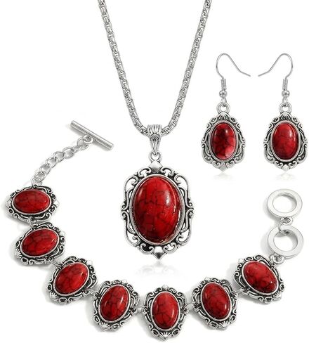 Red Western Jewelry Set for Women, Vintage Silver Tone Oval Synthetic Stone Necklace Bracelet Dangle Earrings, Boho Southwestern Costume Accessories Gifts in Saudi Arabia