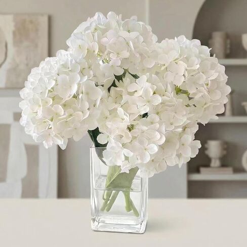 Hydrangea Artificial Flowers with Vase Real Touch Silk Faux Hydrangea Floral Arrangement in Glass Vase Fake Hydrangea Stems Plant Bouquet for Office Coffee Table Centerpieces Home Decor in Saudi Arabia