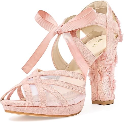 Perphy Lace Peep Toe Flowers Platform Wedding Bridal Chunky Heel Sandals for Women in Saudi Arabia