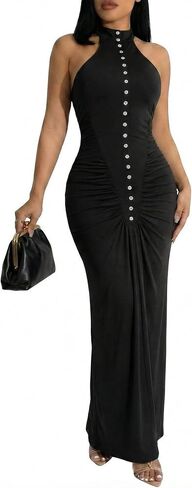 Ekaliy Women's Sexy Halter Maxi Dress Sleeveless Bodycon Ruched Long Dresses Summer Party Cocktail Club Dress in Saudi Arabia