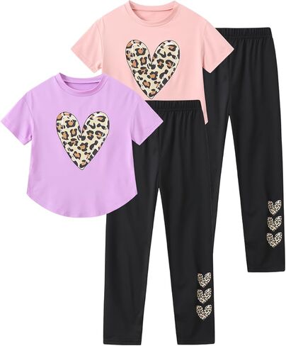 Girls Outfits Fashion Short Sleeve Shirts Tops and Pants Fashion Heart Leopard Print Sets Cute Summer Clothes 4 Piece in Saudi Arabia