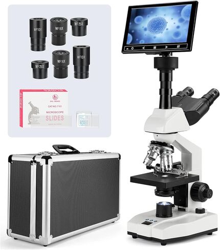 [Dual-View] Vabiooth Lab Compound Monocular Microscope 40X-2500X Magnification with 7" Monitor, Wide-Field 4X/10X/40X(s)/100X(Spring Oil) Eyepieces, Adjustable Mechanical Stage, Aluminum Carry Box in Saudi Arabia