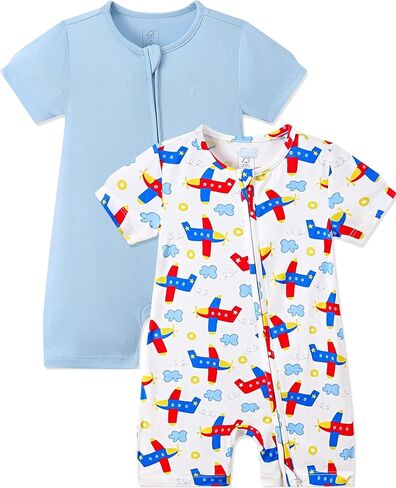 JunNeng Baby Boy Sleeper, Rayon from Bamboo Short Sleeve Romper Pjs | 2 Way Zipper, Cool & Soft, Breathable, Summer Footless Outfits, 2 Pack, 0-18 Months in Saudi Arabia