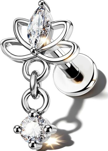 OUFER Silver Threadless Helix Piercing Jewelry, 16G 8MM Flat Back Earrings, Lotus Nose Studs, Floral Dangle Tragus Cartilage Helix Conch Lip Labret Medusa Nostril Piercing Jewelry in Saudi Arabia