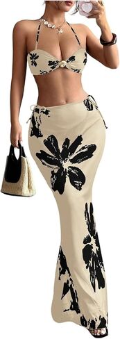 Verdusa Women's 3 Piece Boho Floral Halter Bikini Set Shell Tie Backless Swimsuit with Beach Cover Up Skirt in Saudi Arabia