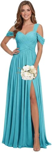 Off The Shoulder Chiffon Bridesmaid Dresses for Women Long Formal Dress with Slit Pleated Wedding Guest Gown L04019 in Saudi Arabia